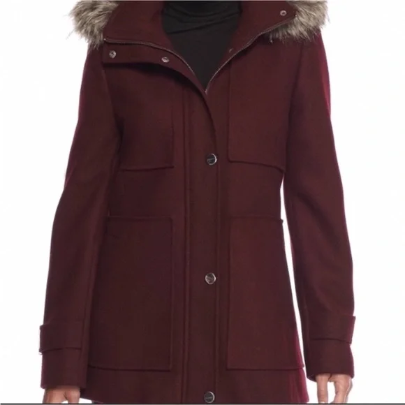 Kenneth Cole Wool Coat with Detachable Faux Fur Trim Hood - Picture 2 of 16